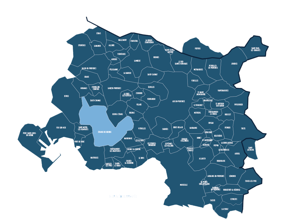 Carte d'une ville, avec une zone centrale mise en évidence en bleu clair.