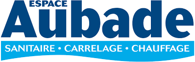 Logo: Blue "Espace Aubade" text with "SANITAIRE • CARRELAGE • CHAUFFAGE" below in light blue.