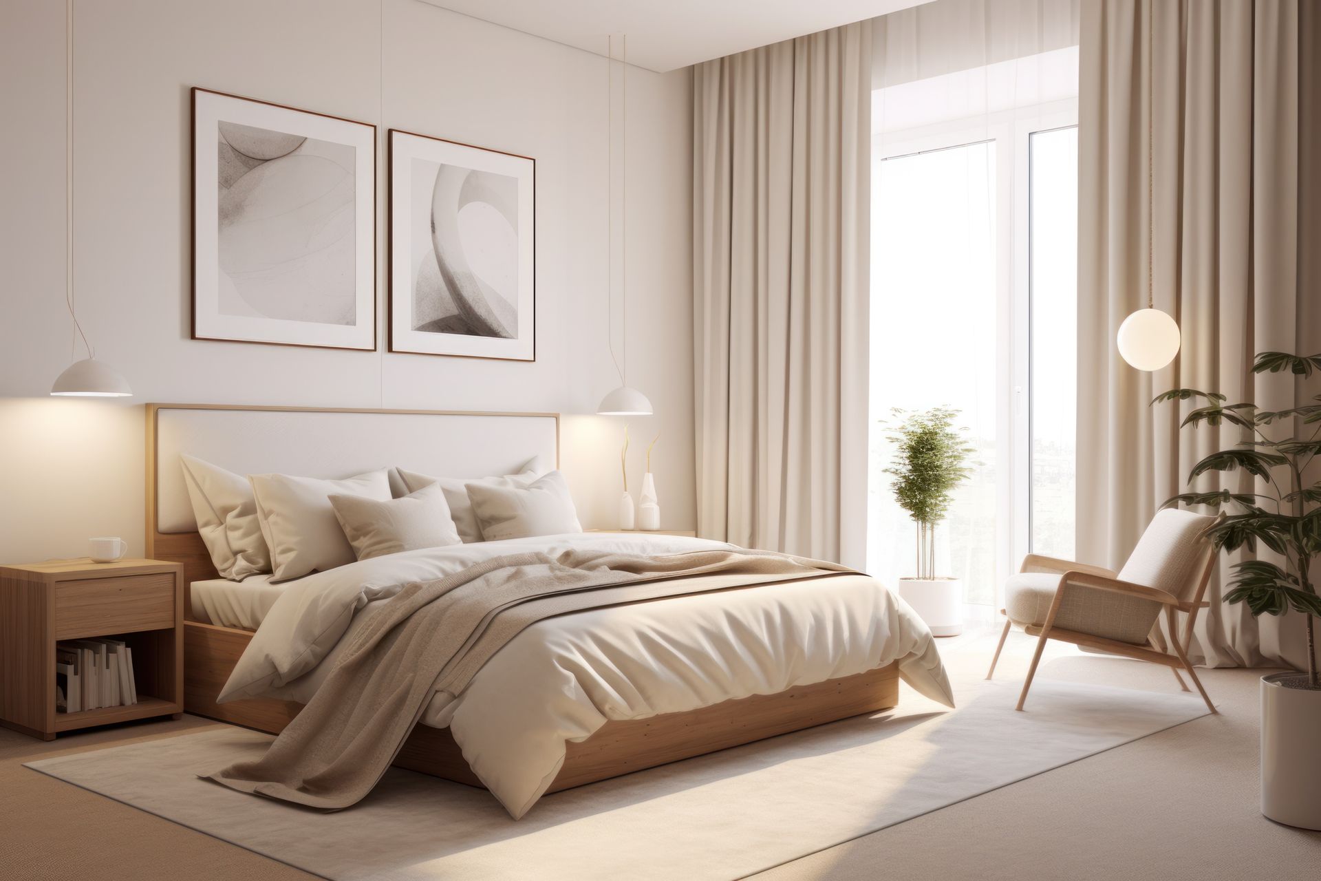 Neutral-toned bedroom with a bed, artwork, armchair, and curtains. Soft lighting creates a peaceful atmosphere.