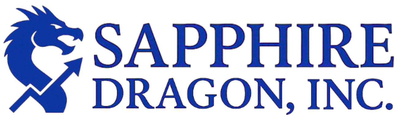The logo for sapphire dragon inc. has a blue dragon on it.
