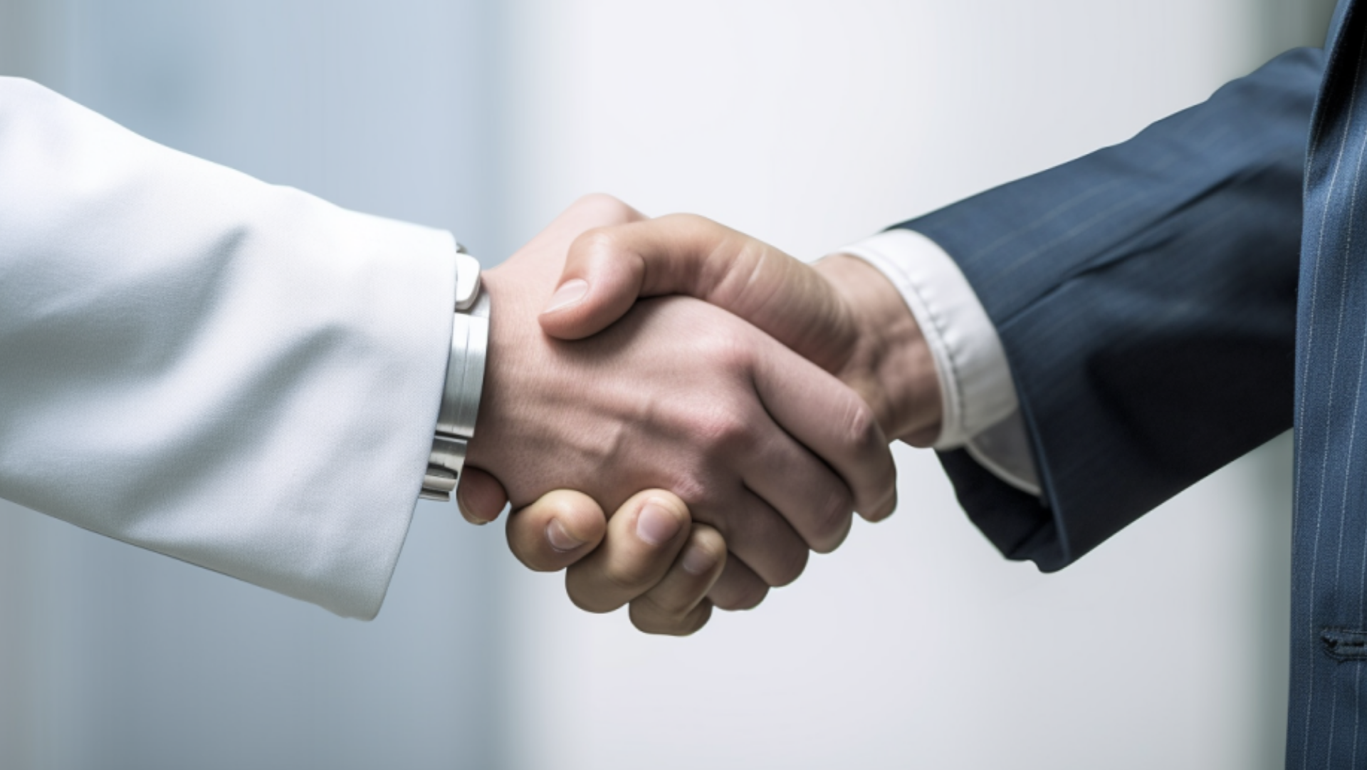 A man in a suit and a woman in a white coat are shaking hands.