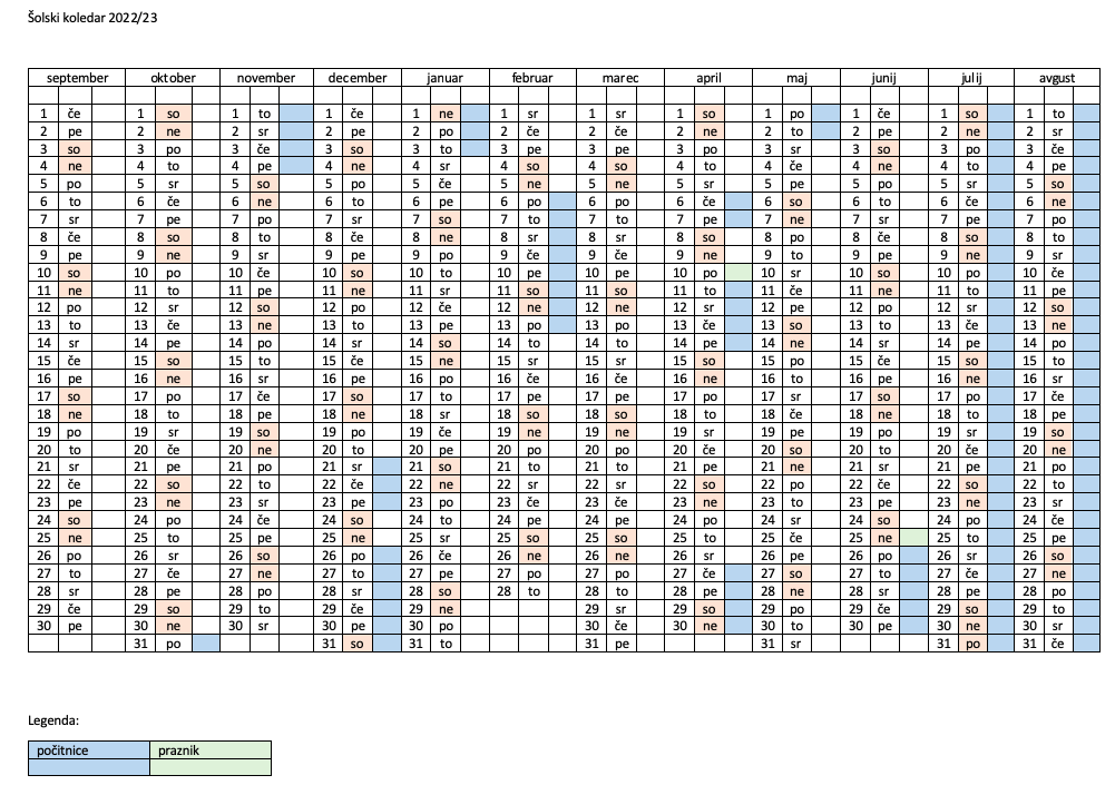 Šolski koledar 2022/23