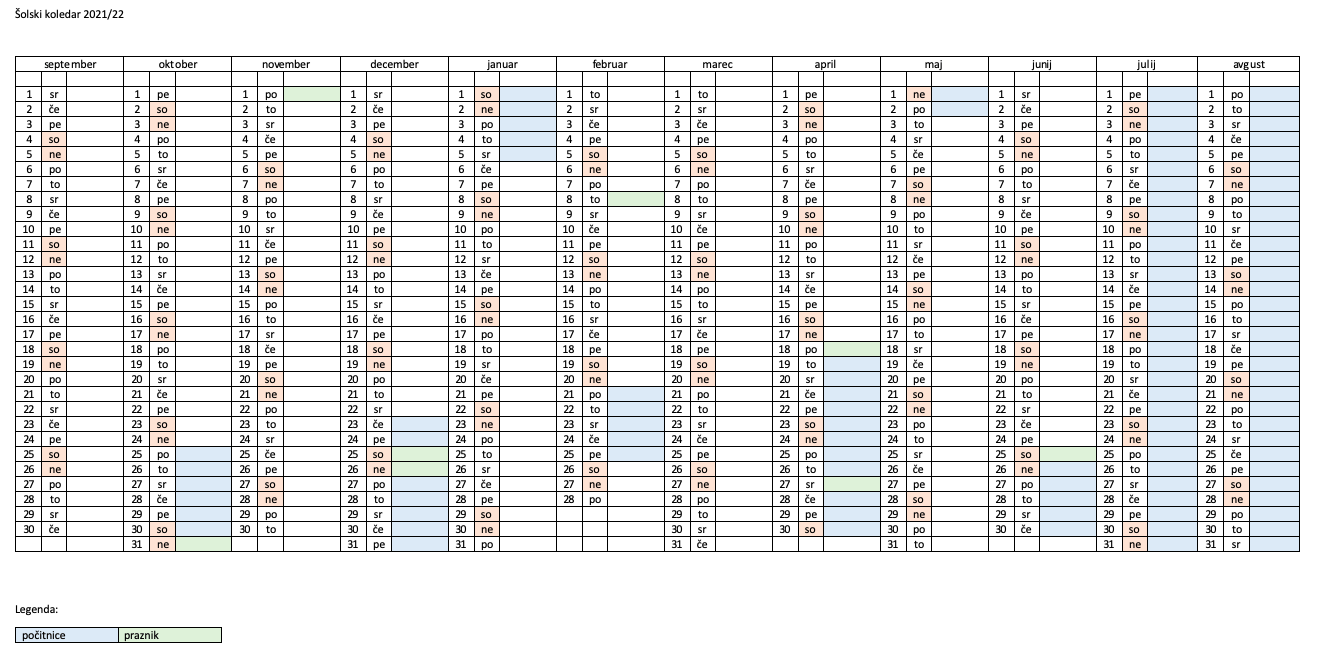 Šolski koledar 2021/2022