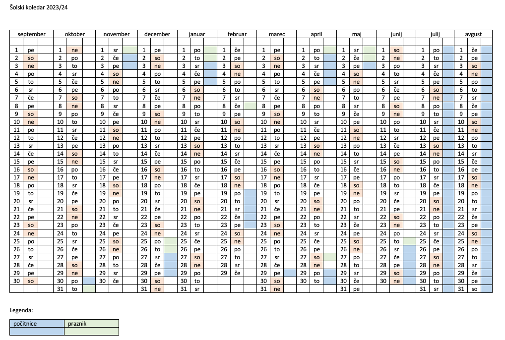 Šolski koledar 2023/2024