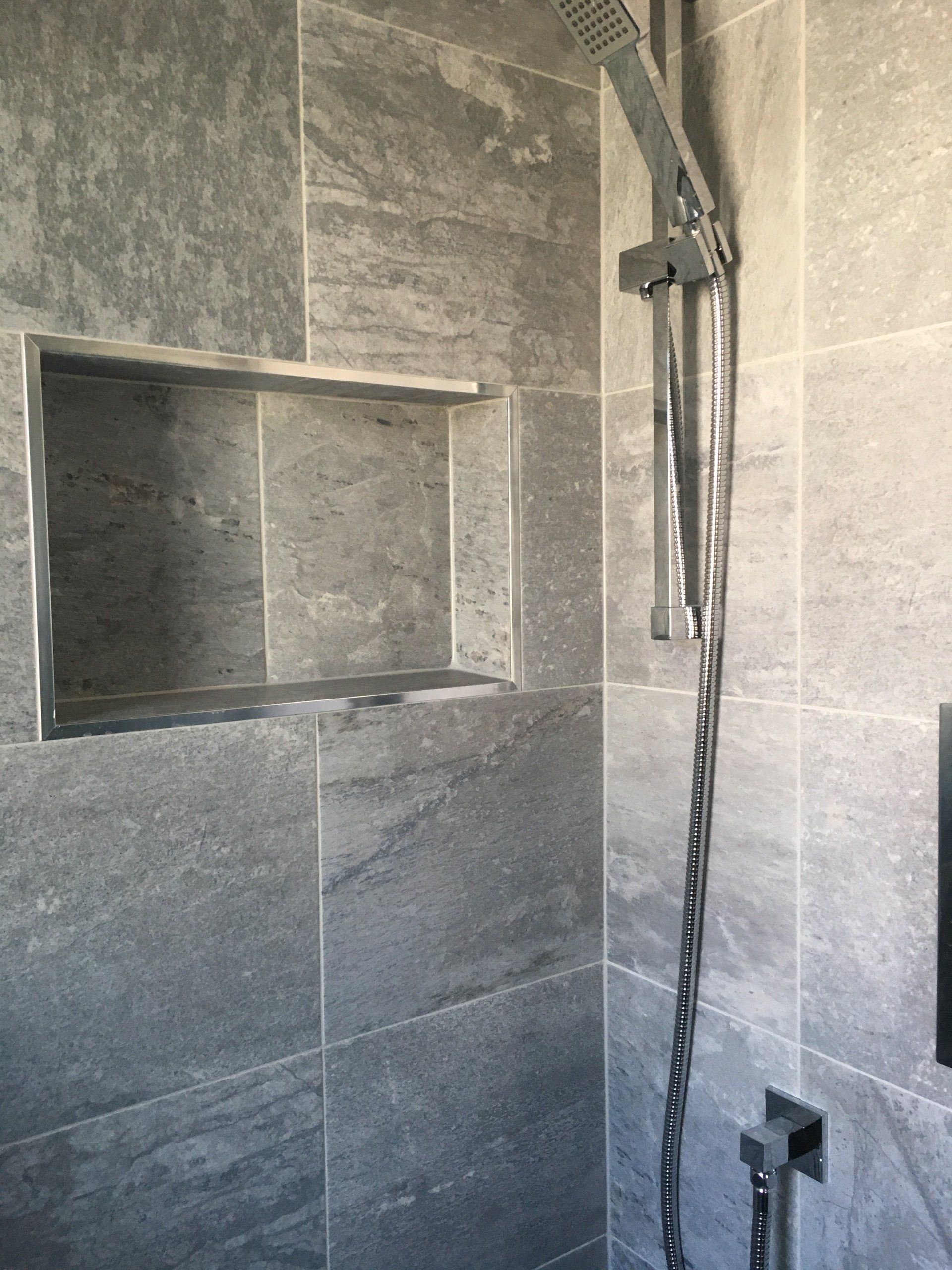 Hymalaya Gris Tiles, recess shelf, bathroom renovation Dublin