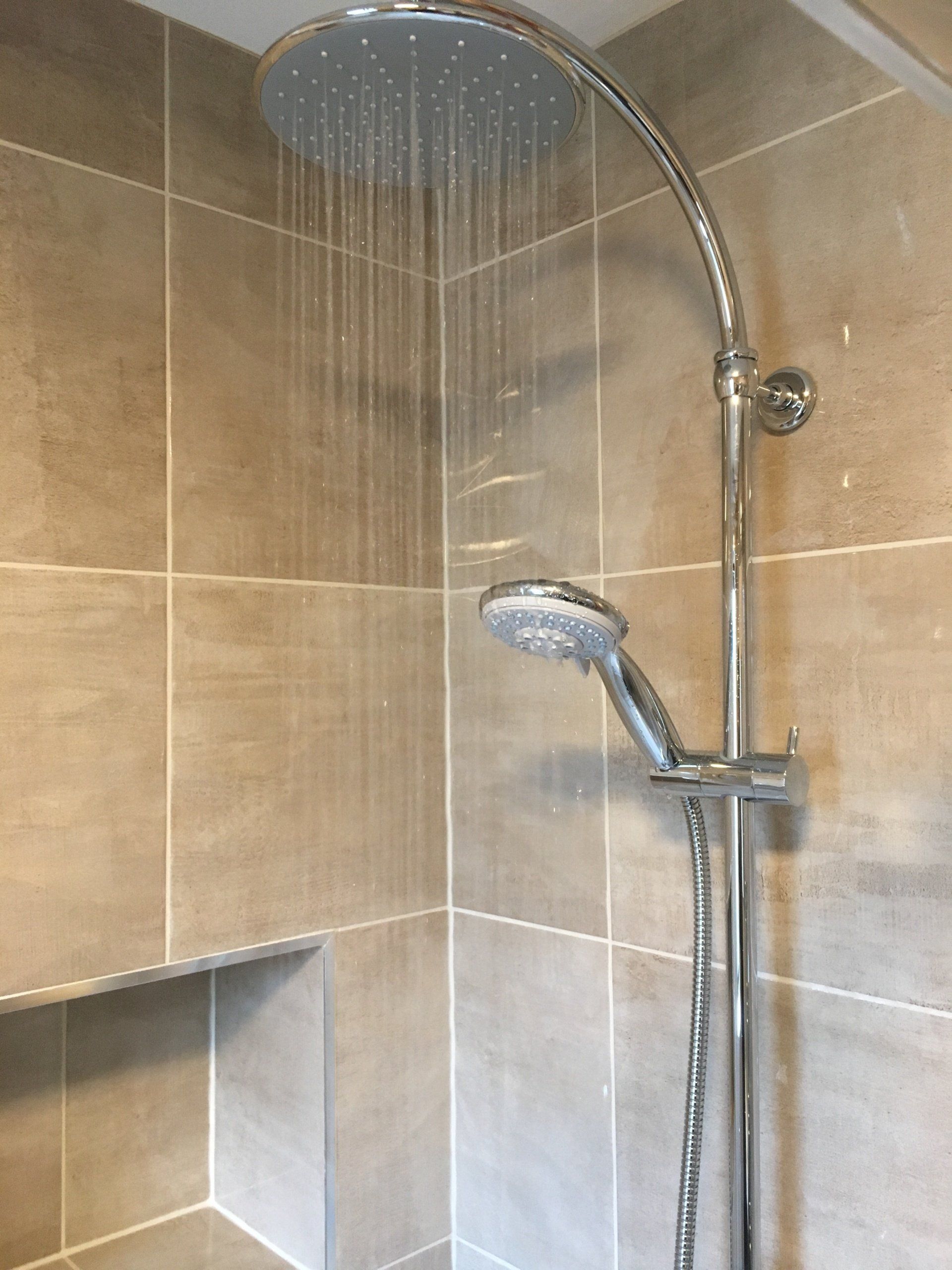 Recessed shelf, bathroom renovation, Griffeen Bathrooms, taupe wall tiles, thermostatic shower kit