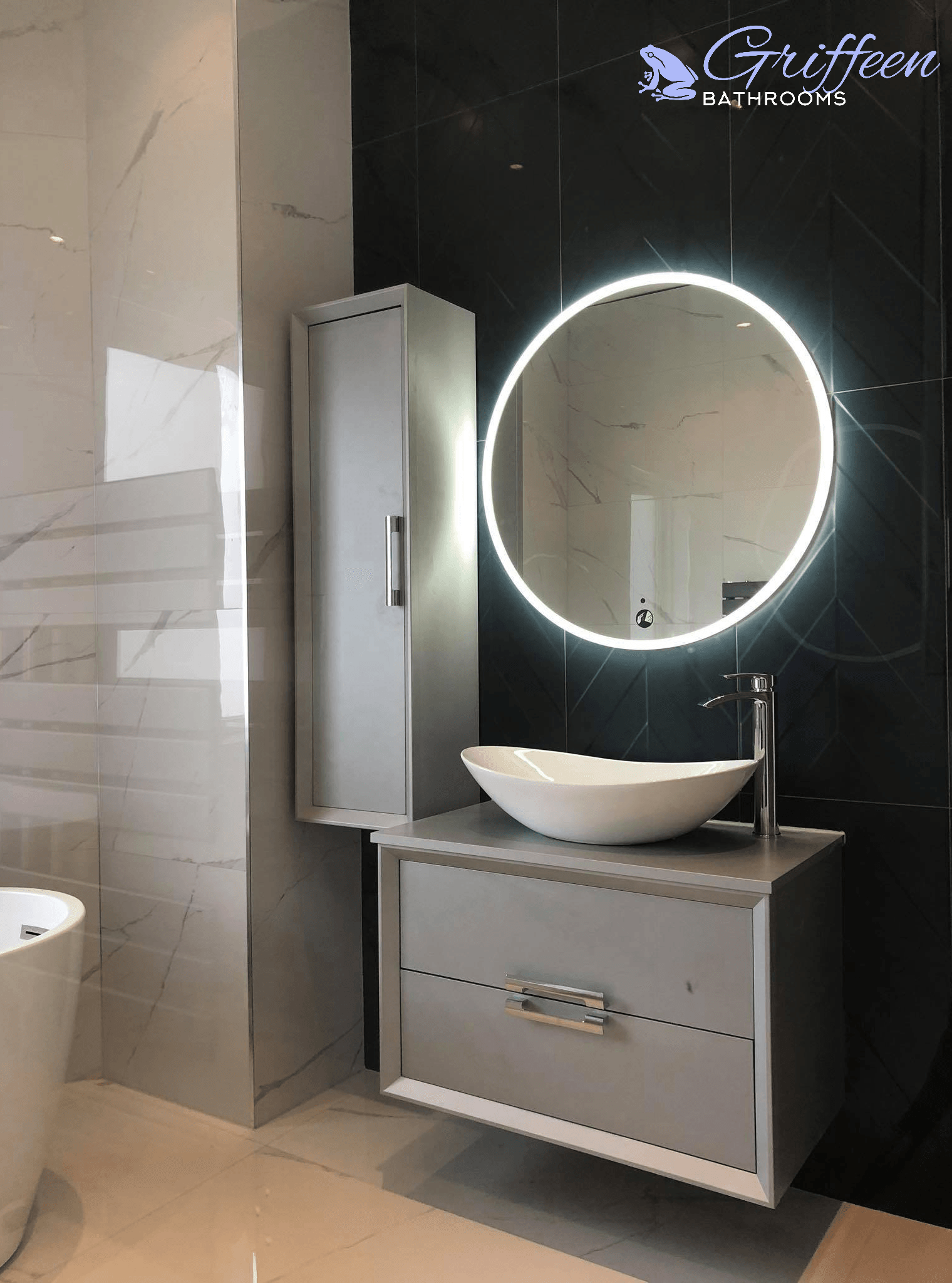 Round mirror, LED  mirror, freestanding basin, Bathroom, bathroom renovation, chevron tiles, deep blue tiles