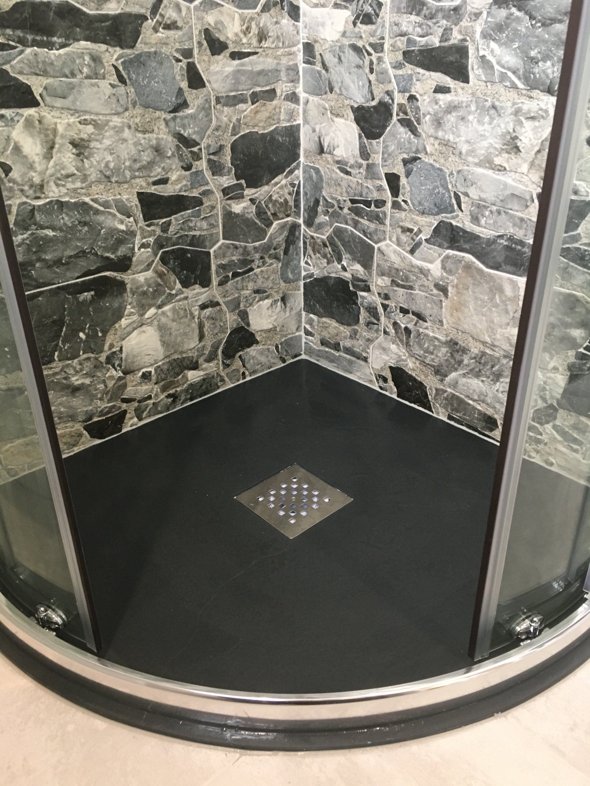 Bathroom renovation, Griffeen Bathrooms, anthracite slate tray, black shower tray, stone effect tiles