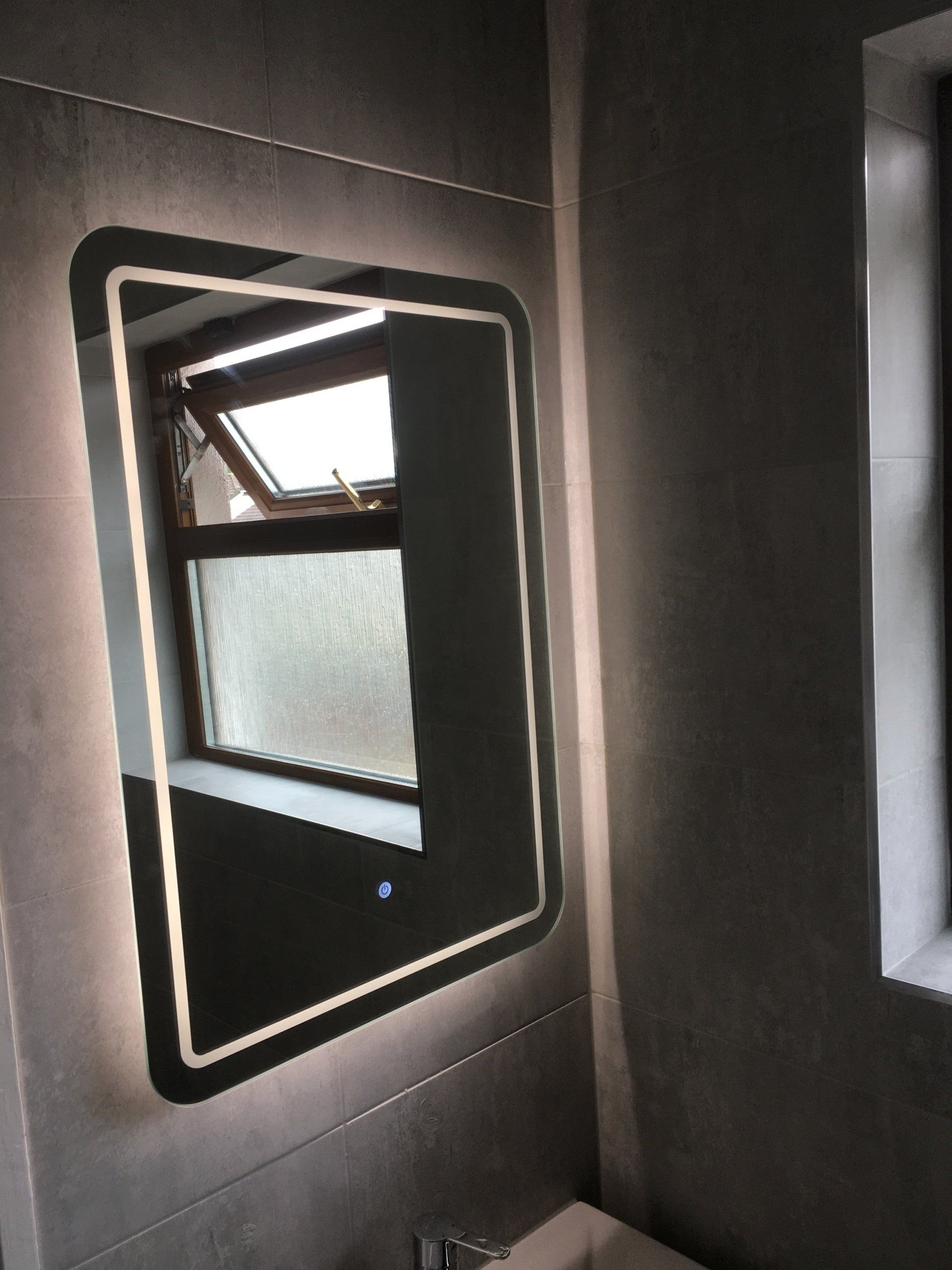 Bathroom renovation, grey tiles, Griffeen Bathrooms, LED mirror