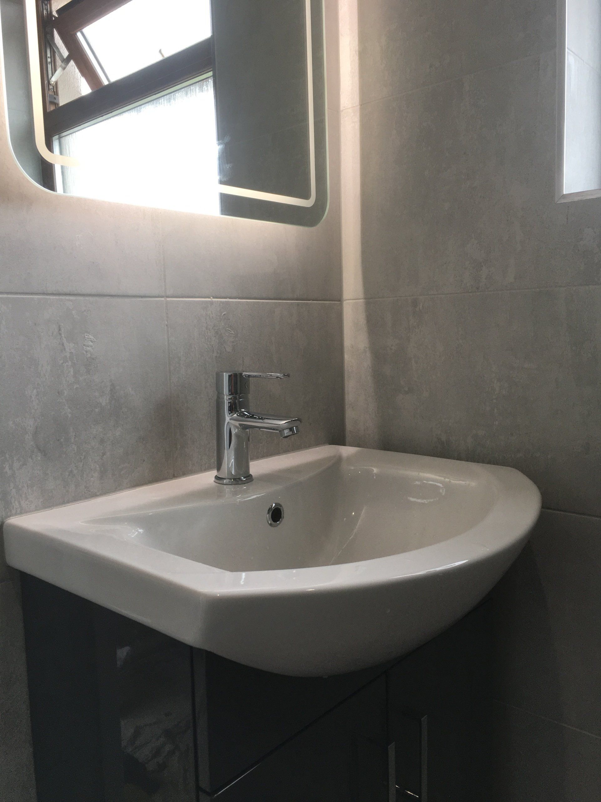 Bathroom renovation, Griffeen bathrooms, grey tiles, LED mirror, vanity basin