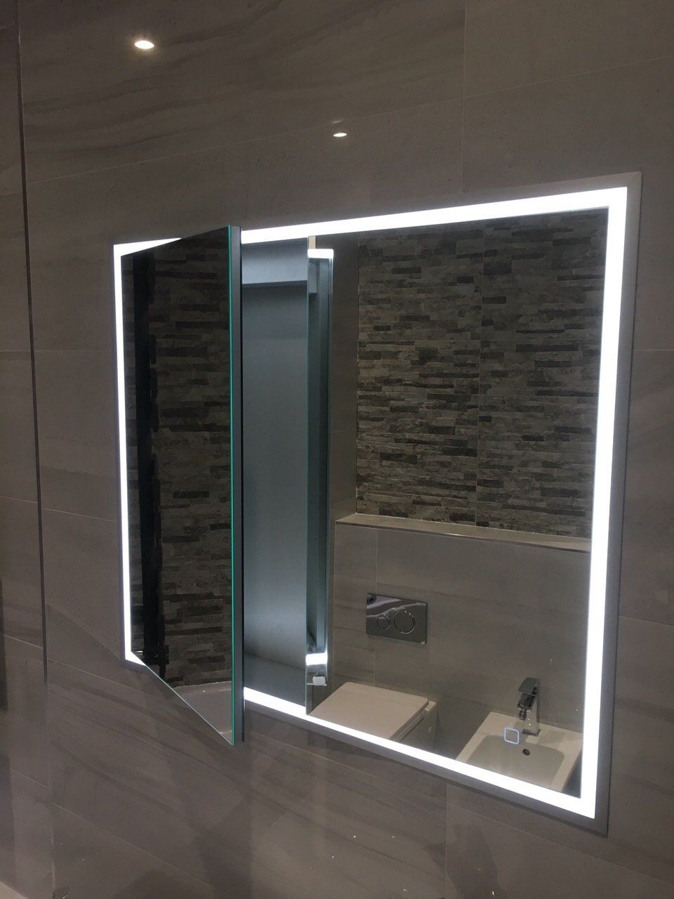 Luxury HIB concealed bathroom mirror cabinet and grey tiles