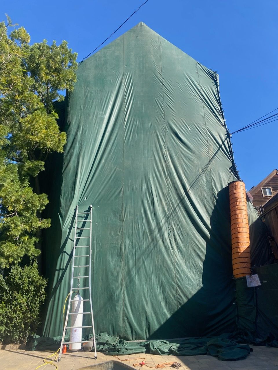 A house covered in a large green tarp; a ladder and roll of material are beside it.