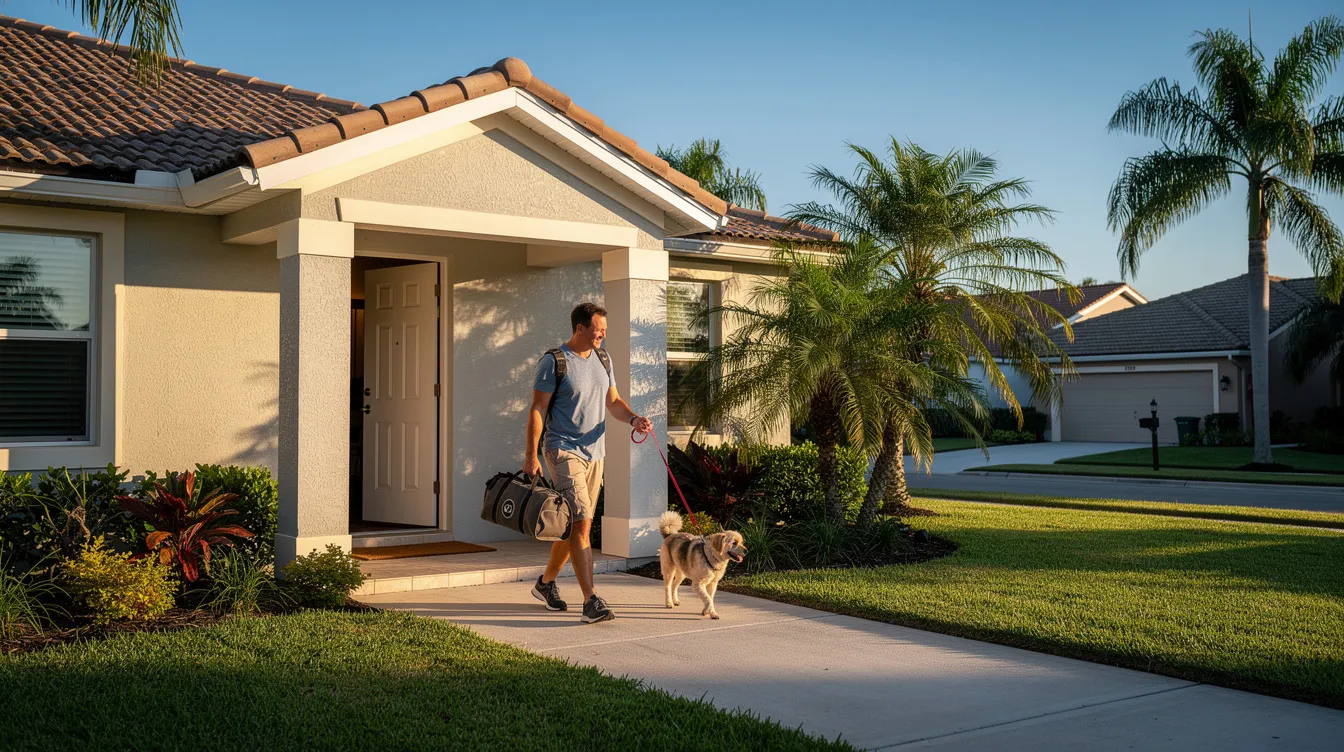 A person is leaving a Florida home through the front door, holding a bag and walking a small dog on a leash. The scene captures a moment of daily life, possibly reflecting the selling process as the homeowner prepares for potential buyers.