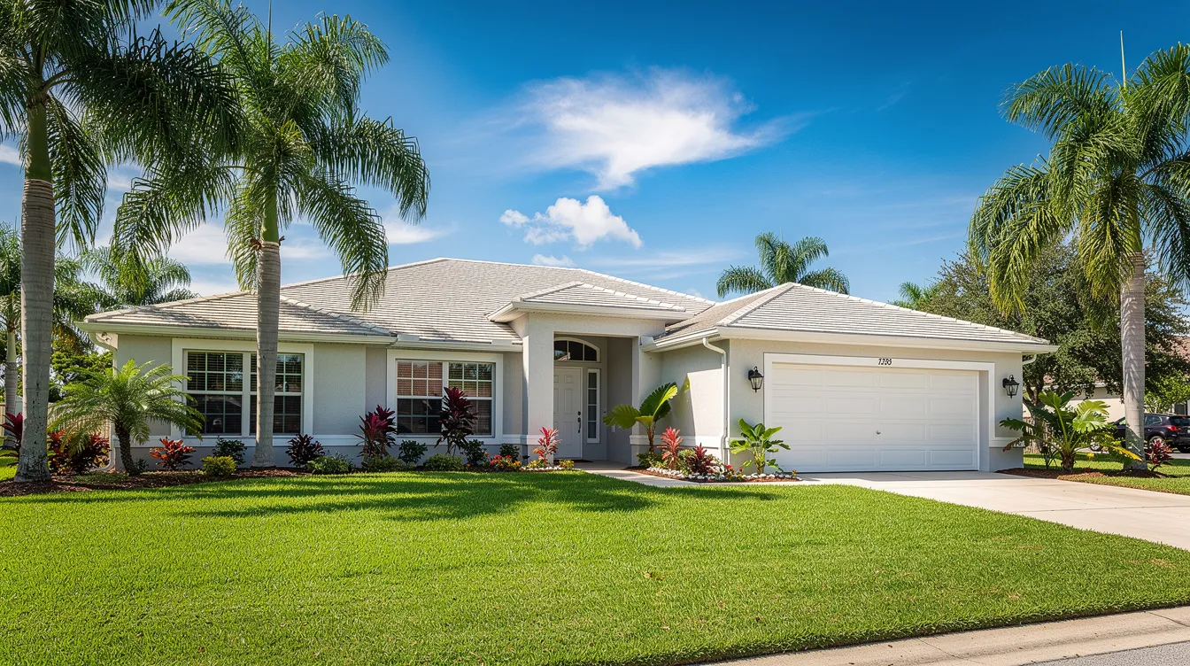 The image depicts a charming Florida ranch-style home surrounded by a lush green lawn and palm trees, featuring a clear driveway and bright blue skies. This inviting exterior enhances the home's curb appeal, making it attractive to potential buyers during the selling process.