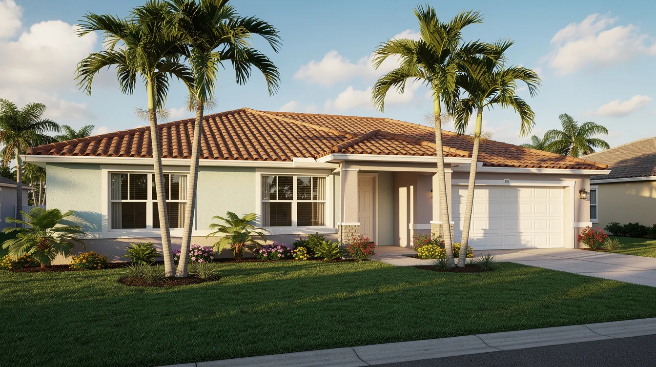 The image shows a single-story Florida block home with a tiled roof, surrounded by palm trees in the yard, ideal for potential buyers looking for homes in as is condition. This property offers a charming curb appeal, making it attractive for cash buyers and those interested in the local real estate market.
