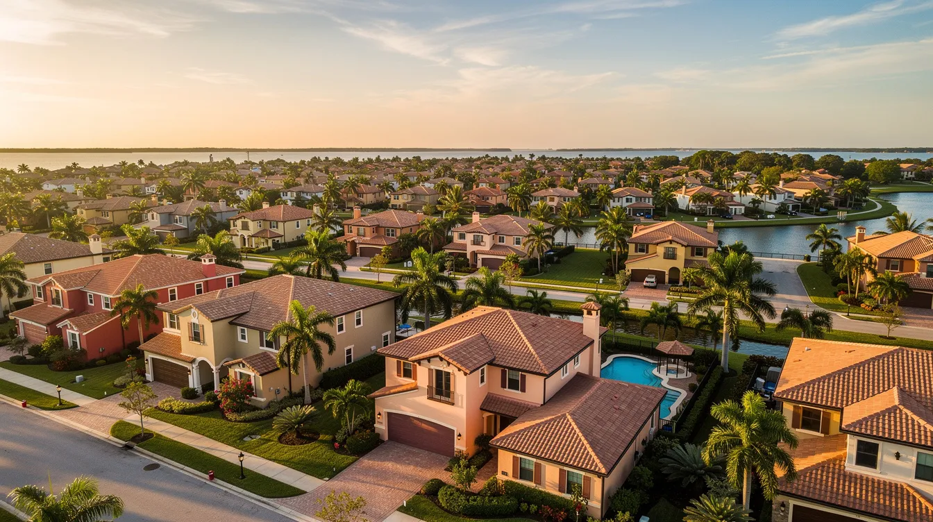 An aerial view of a Tampa Bay residential neighborhood showcases beautiful Spanish-style homes surrounded by lush palm trees, reflecting the vibrant local housing market. This picturesque scene highlights the appeal for potential buyers and cash home buyers looking to sell their house quickly or invest in the area.