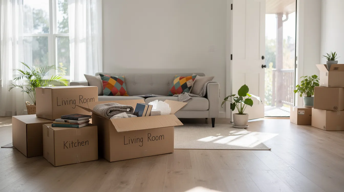 The image shows moving boxes stacked in a bright living room near a front door, suggesting a transition in a homeowner's life, possibly related to selling their home to avoid foreclosure or to navigate the selling process. The scene reflects the challenges many homeowners face, including financial hardship and the need to attract potential buyers in a competitive real estate market.