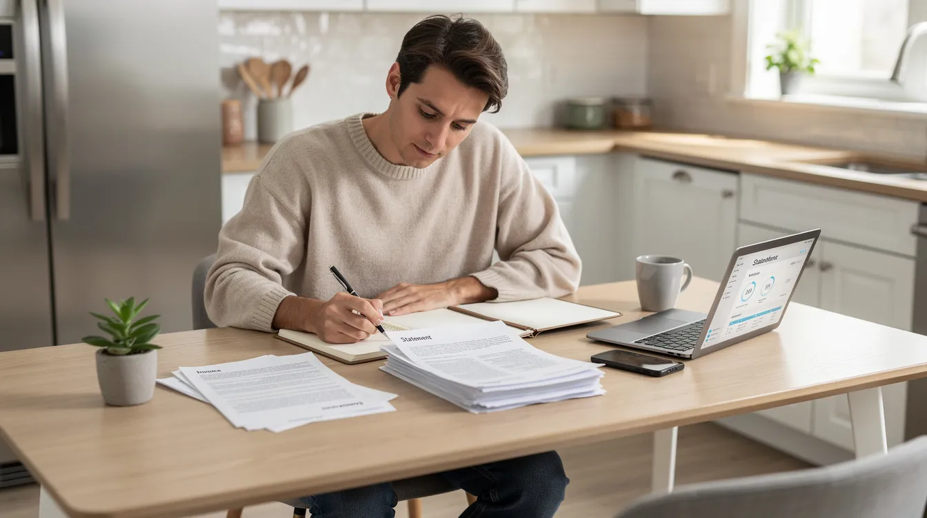 A homeowner sits at a kitchen table, reviewing important documents related to the selling process of their house, possibly due to financial hardship and looming foreclosure. The scene reflects the legal process and proactive steps they are taking to avoid foreclosure and regain control of their financial future.