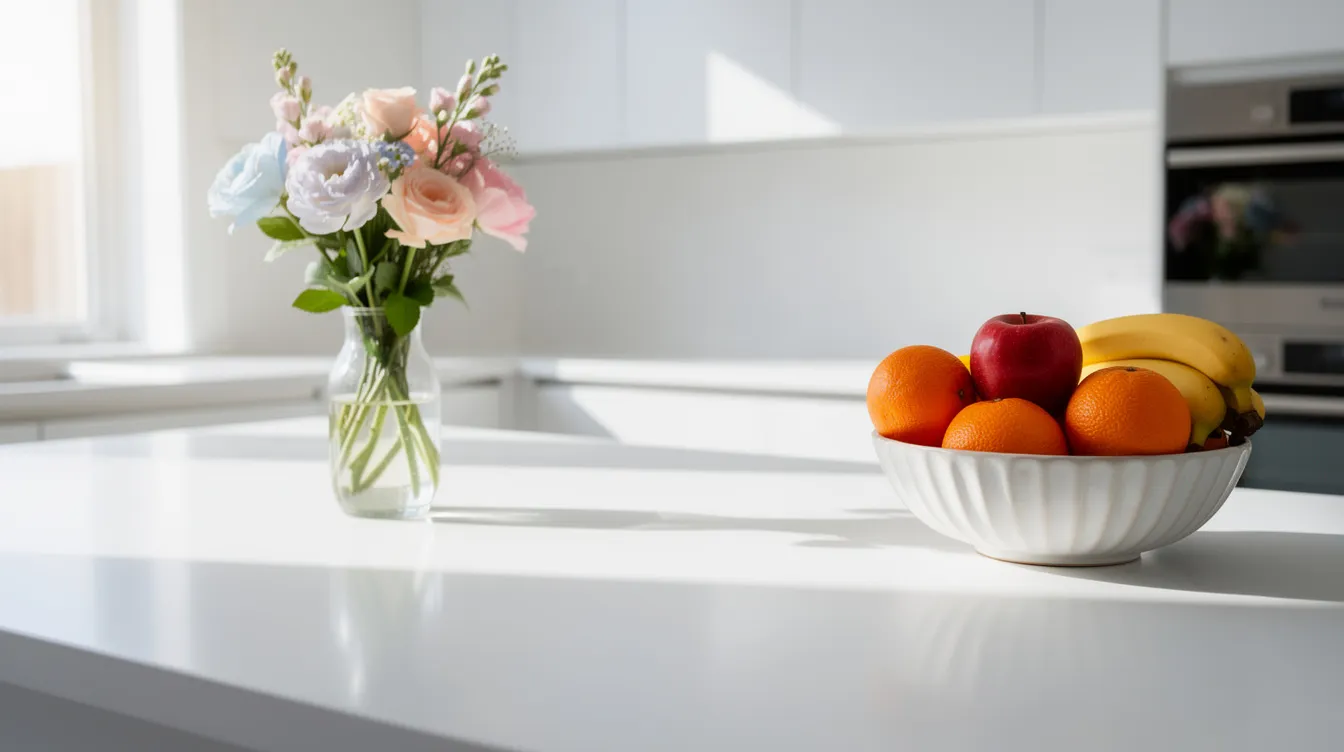 The image features a clean kitchen counter adorned with a vase of fresh flowers and a bowl of fruit, bathed in natural light that enhances the inviting atmosphere of the space. This staged home creates an appealing environment for potential buyers during the selling process.
