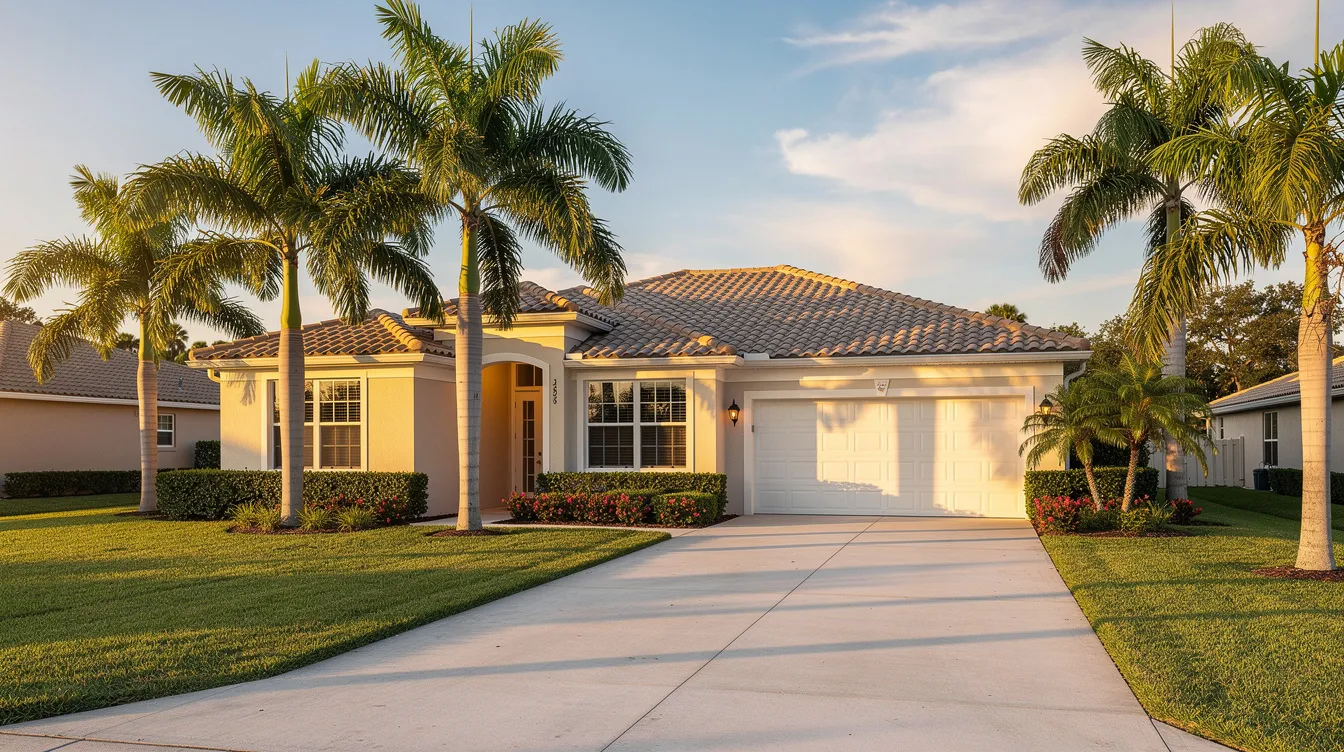 A picturesque Florida suburban home is surrounded by tall palm trees, with a serene and quiet driveway leading up to the entrance. This image reflects a potential listing for a real estate agent, showcasing a desirable property in a vibrant neighborhood, ideal for attracting qualified buyers.