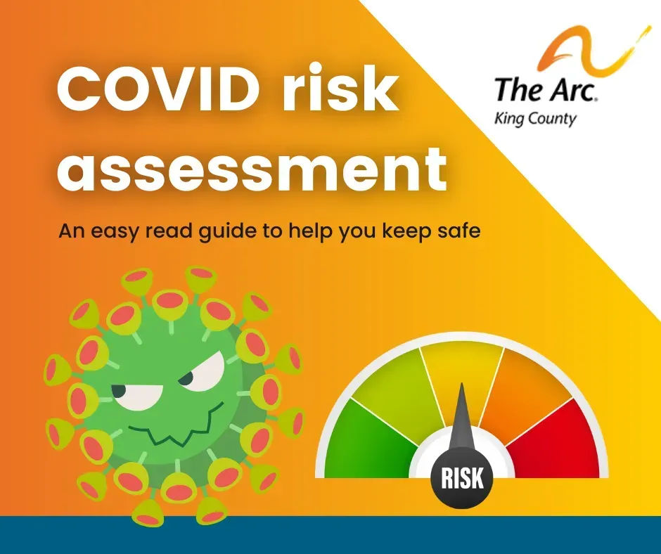 COVID risk assessment guide cover: cartoon virus, risk meter, and