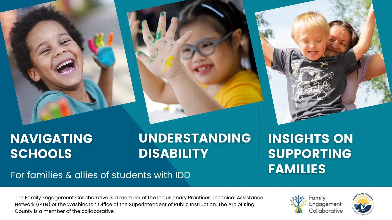 Children in schools-themed graphic: happy child with painted hands, girl with glasses, smiling boy with parent.