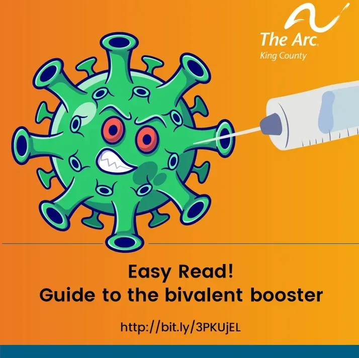 Cartoon virus with angry face being injected with a syringe. Text: Guide to the bivalent booster.