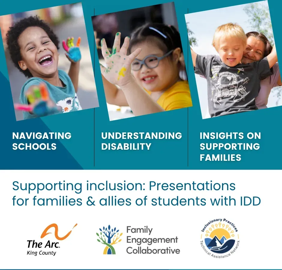 Children's faces with paint, logo promoting presentations for families on inclusion and IDD.
