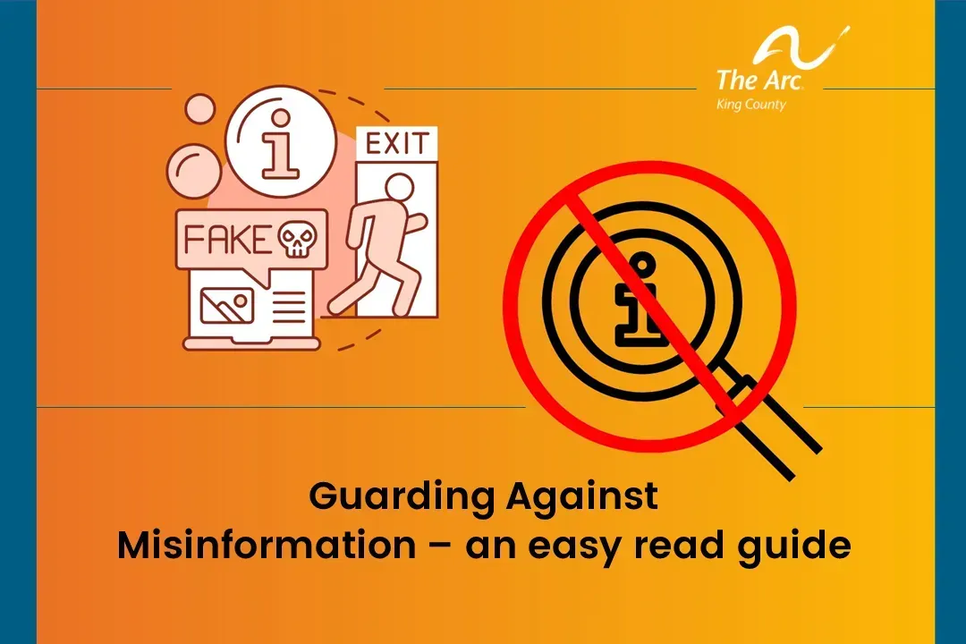Guide on guarding against misinformation; an info icon crossed out. Orange background with graphic elements.