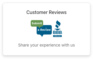 A card that says customer reviews submit a review bbb share your experience with us