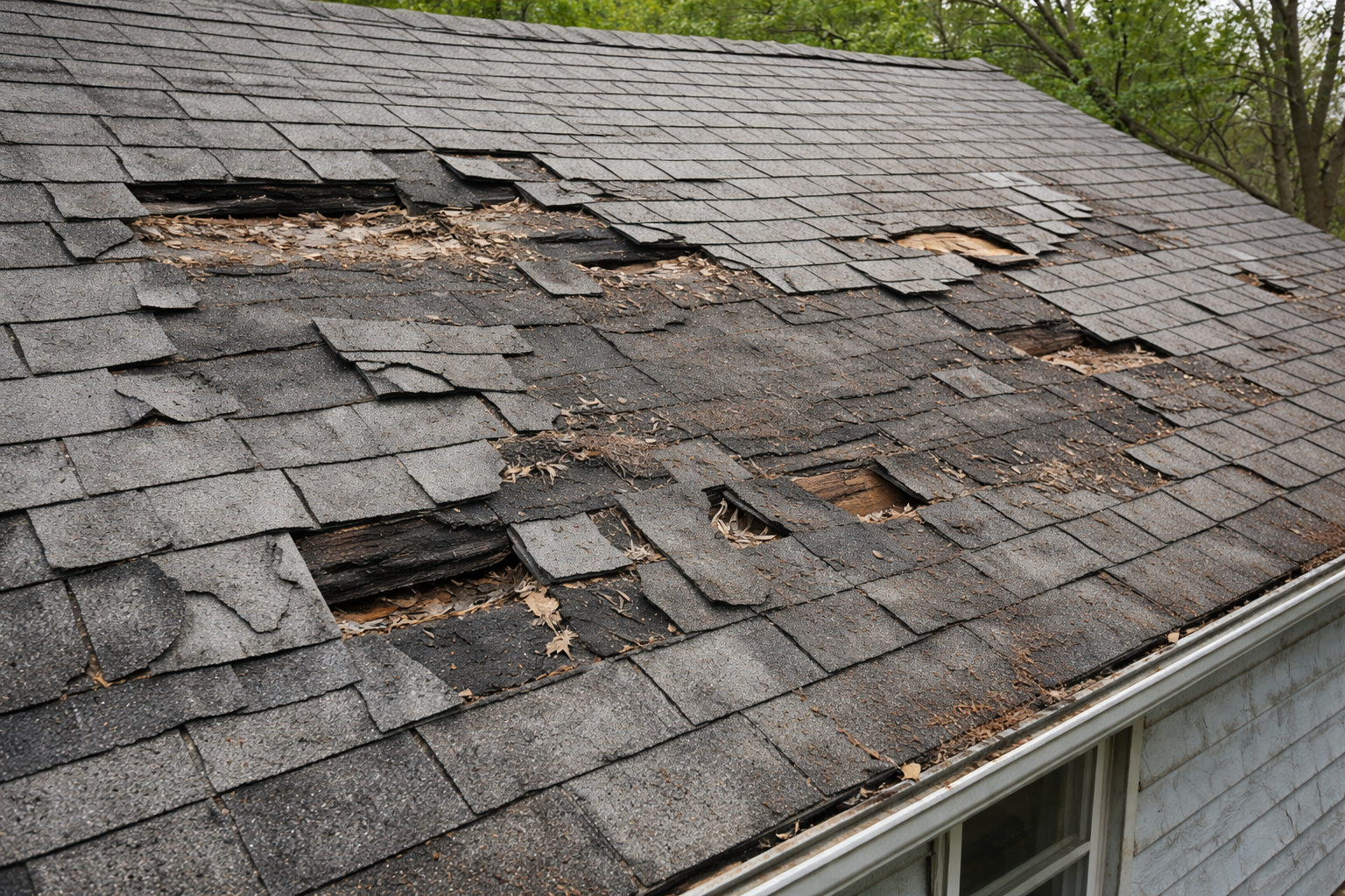 Damaged asphalt shingle roof with missing and torn areas.