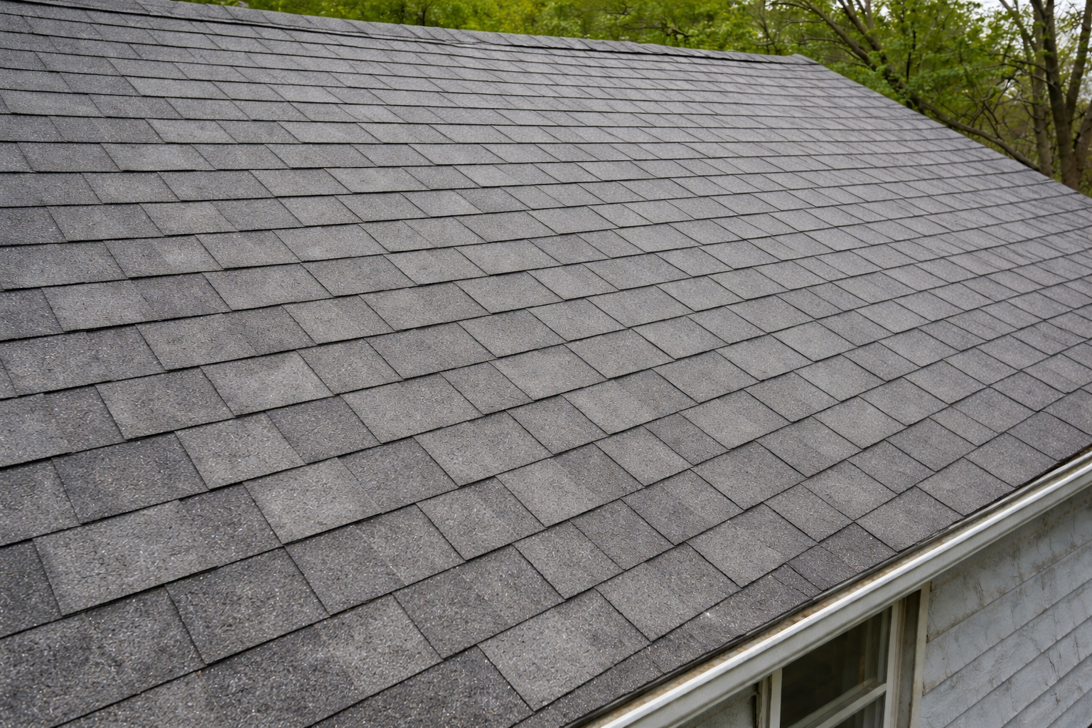 Gray asphalt shingle roof with some missing or damaged shingles, viewed from an angle.