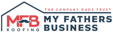 Logo for My Fathers Business roofing company.  Features MFB letters with a mustache, and roof outline. The company name is below.