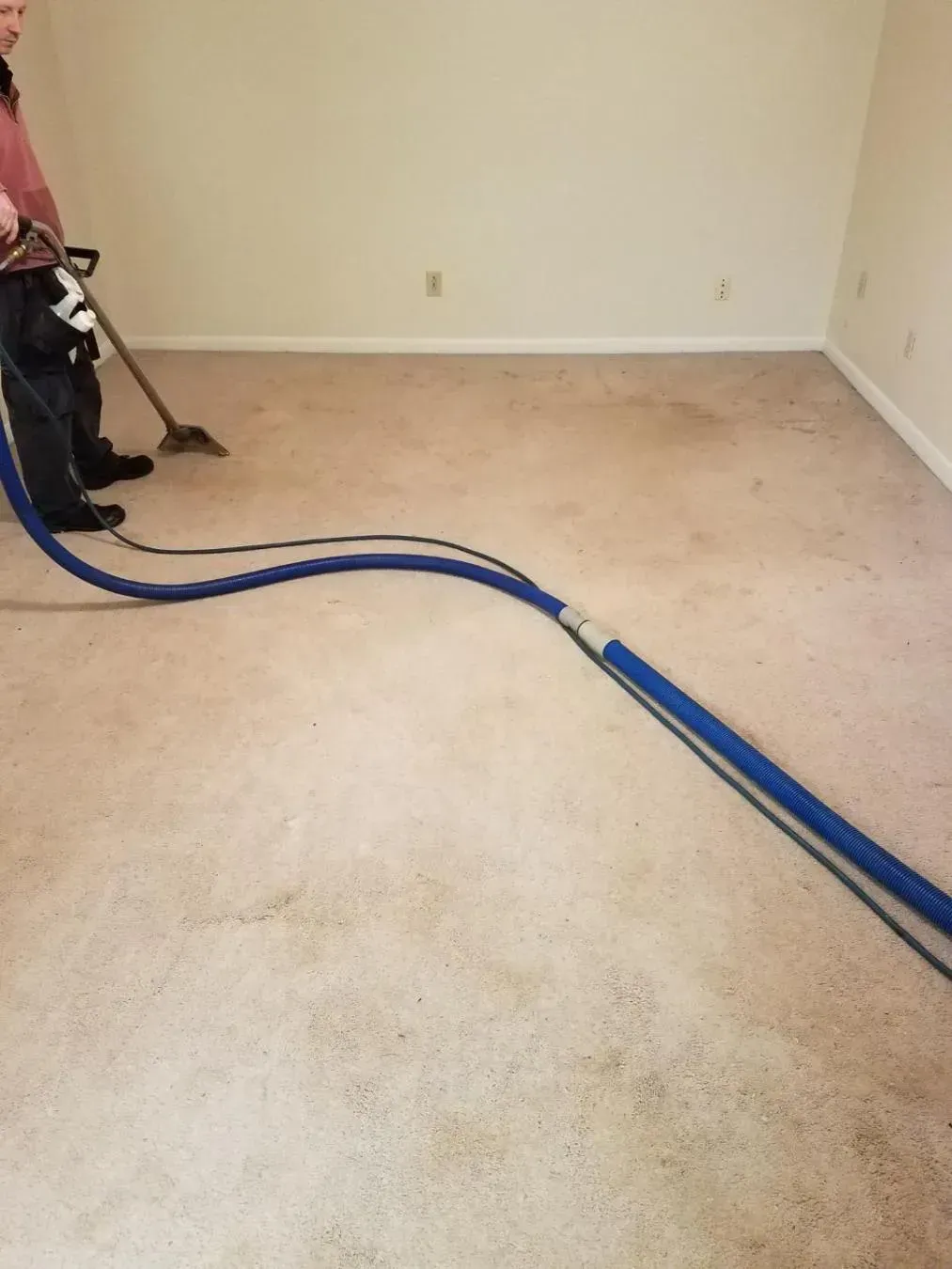 Person cleaning a beige carpet with a blue hose in an empty room with light-colored walls.