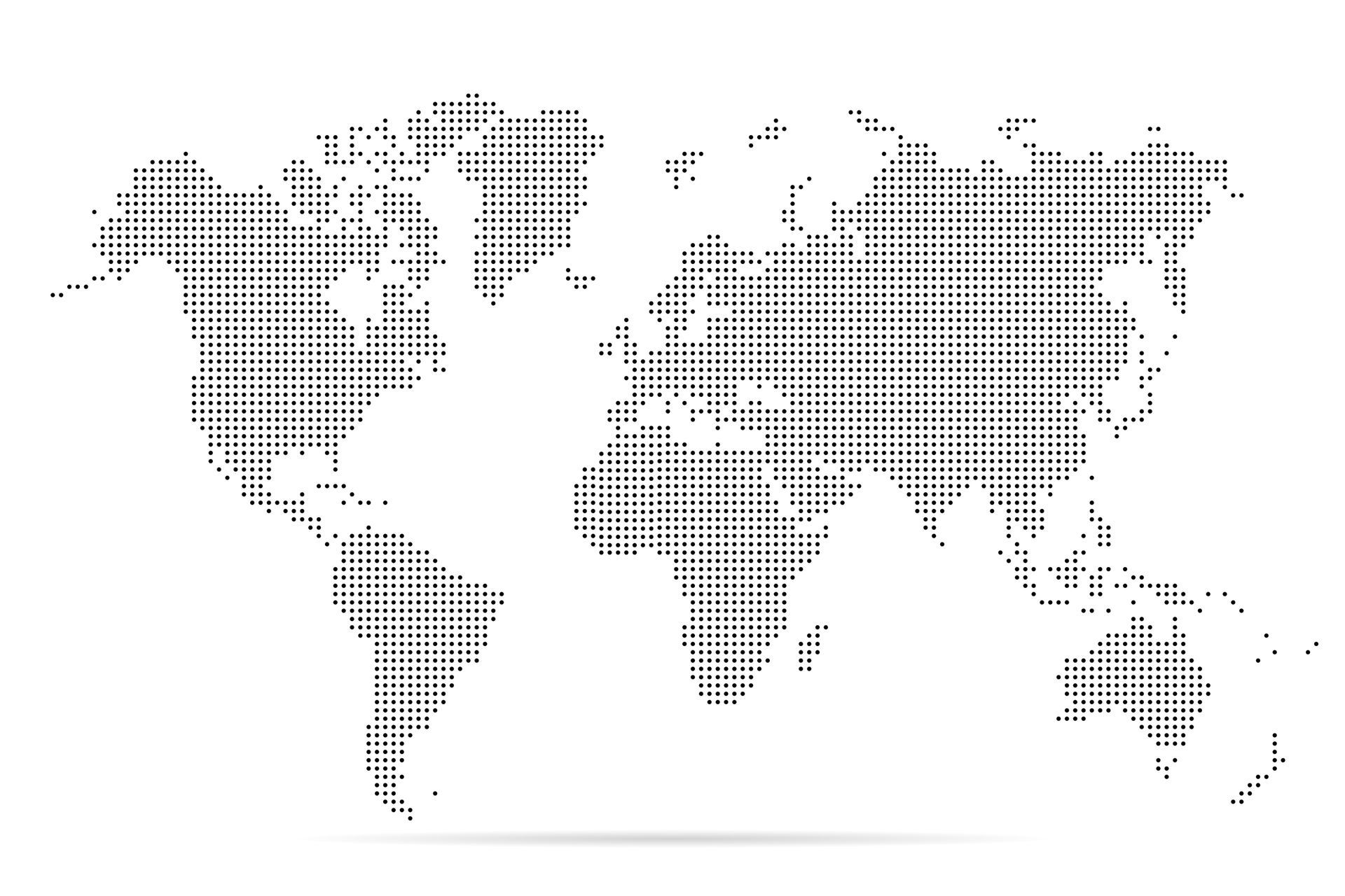 World map composed of a grid of small, dark gray squares on a white background.