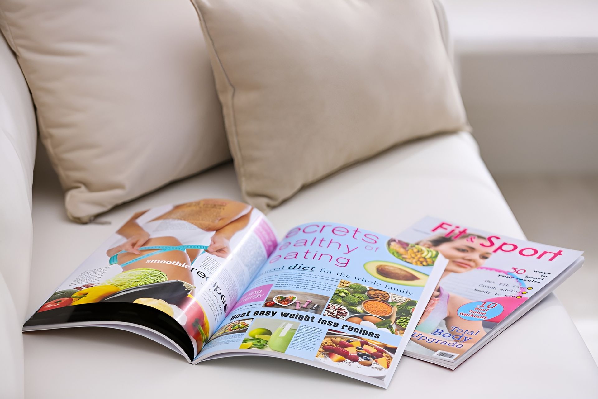 Magazines on A White Couch with Pillows, Topics Include Healthy Eating and Fitness — Digi Print Pro in Bangalow, NSW