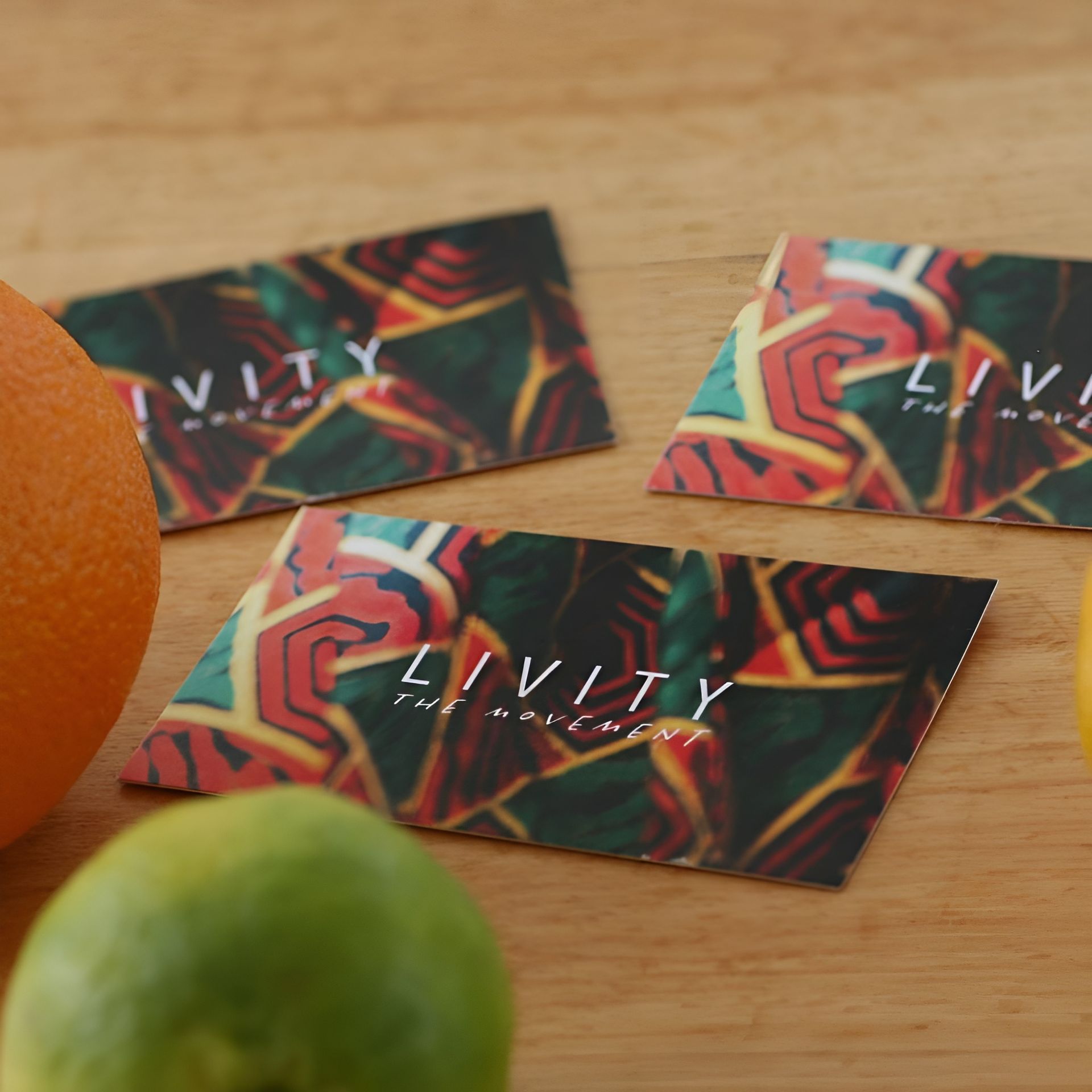 Business Cards with Abstract Design, Near Fruit on Wooden Surface — Digi Print Pro in Casino, NSW