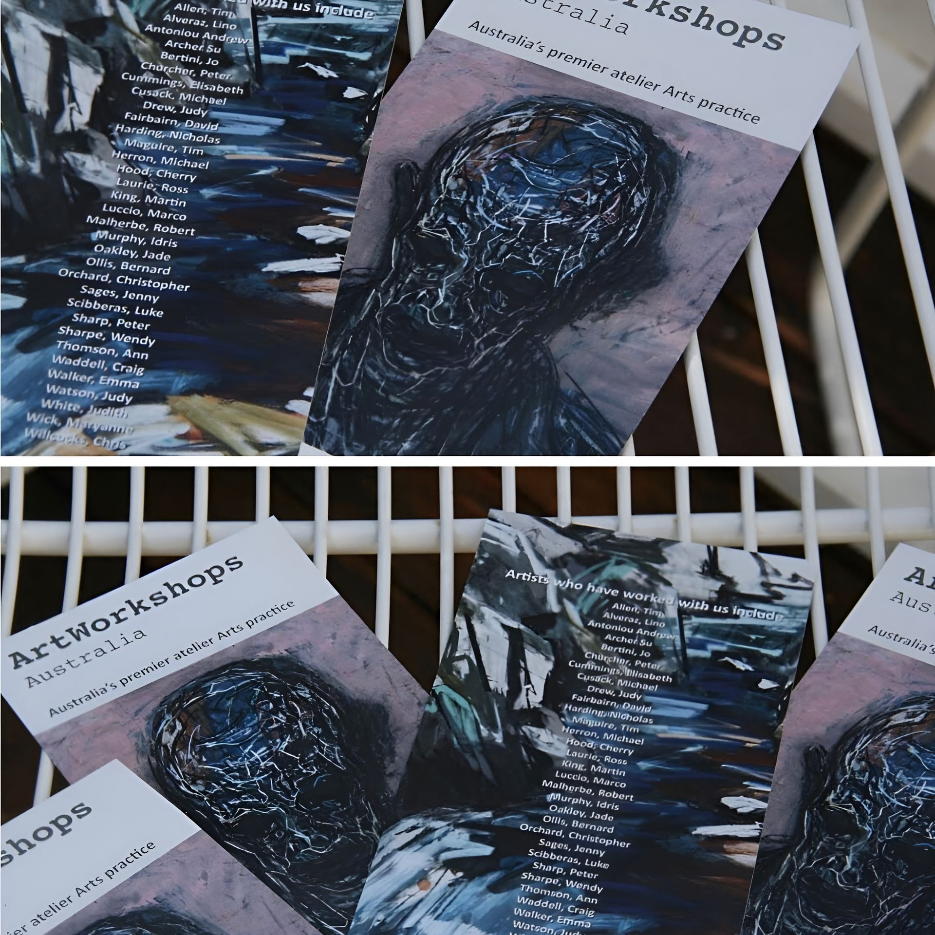 Flyers for Art Workshops, Dark Artwork of A Face, Stacked on A White Wire Shelf — Digi Print Pro in Bangalow, NSW