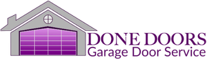 Logo for Done Doors Garage Door Service featuring a gray house icon with a purple paneled garage door.