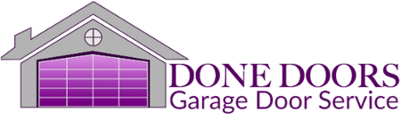Logo for Done Doors Garage Door Service featuring a gray house icon with a purple paneled garage door.