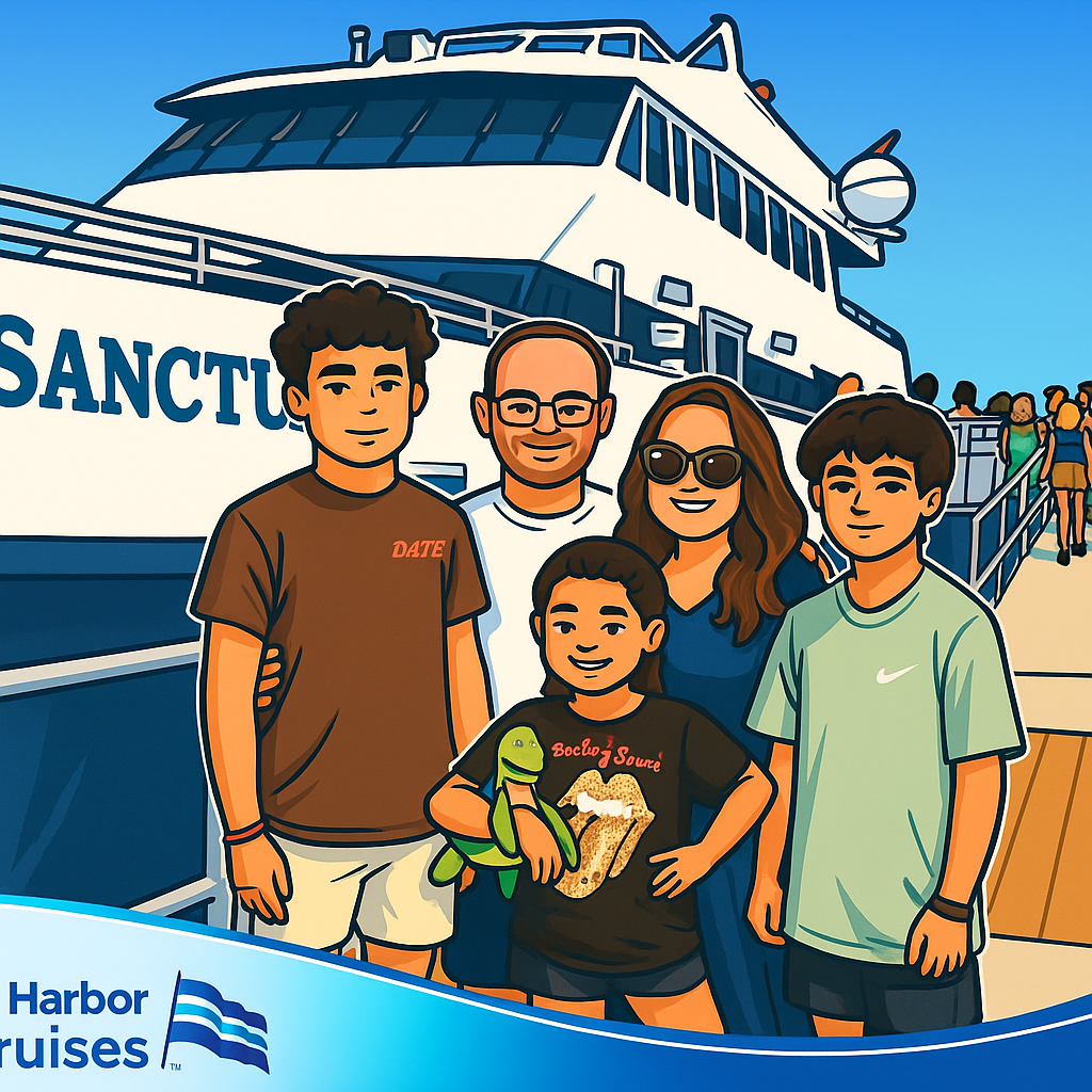 Family poses for photo in front of a cruise ship; blue sky and water.