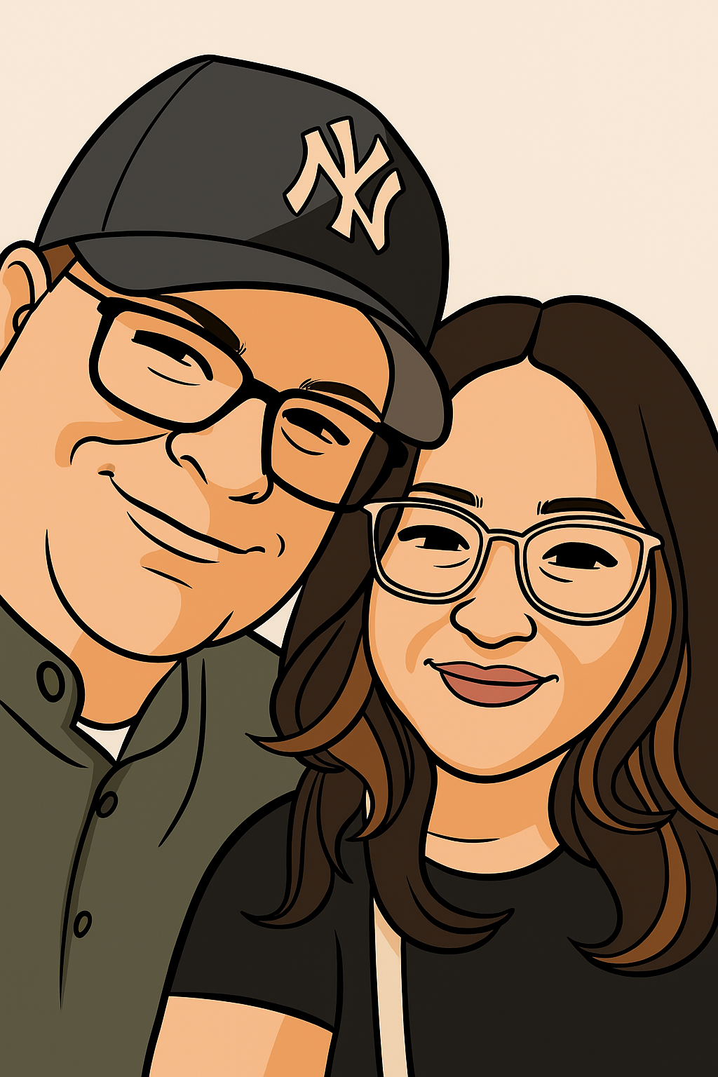 Cartoon of a smiling couple. Man in Yankees cap, glasses, and green shirt. Woman with glasses, black shirt, and dark hair.