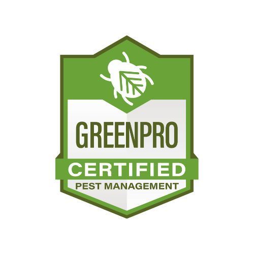 GreenPro Certified Pest Management logo: Green shield with white bug and leaf icon, text