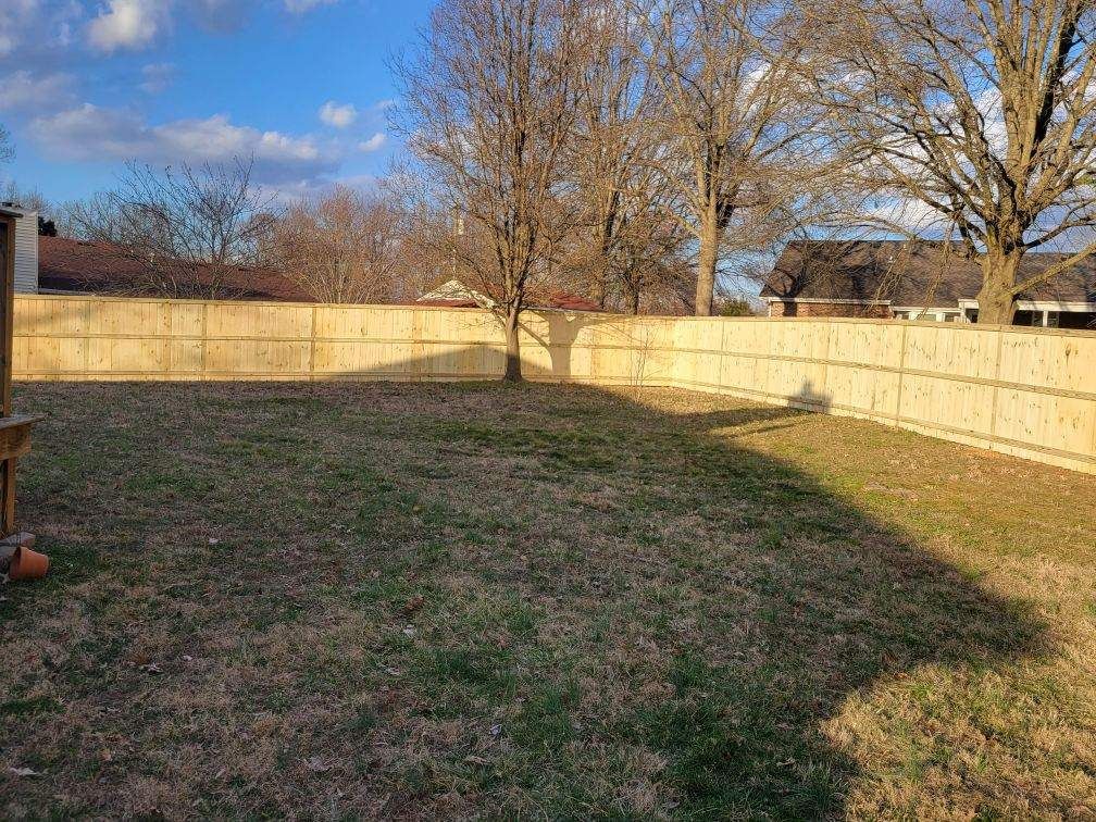 A backyard with a wooden fence and trees in the background.
