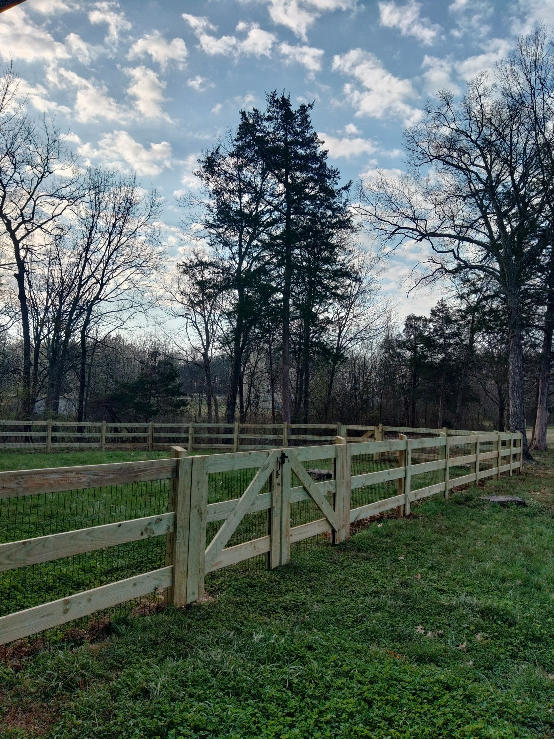 A wooden fence surrounds a grassy field with trees in the background.
