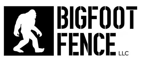 A black and white logo for bigfoot fence with a bigfoot silhouette.
