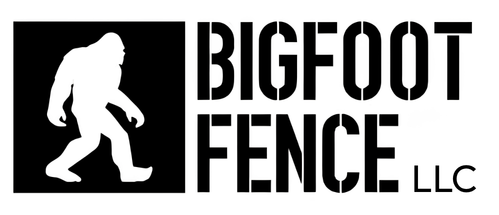 A black and white logo for bigfoot fence with a bigfoot silhouette.