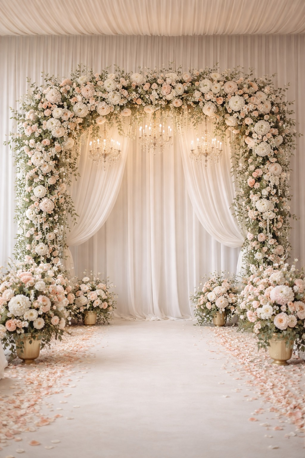 Wedding couple lying on grass, surrounded by veil and autumn leaves. Bride in white dress, groom in dark suit.
