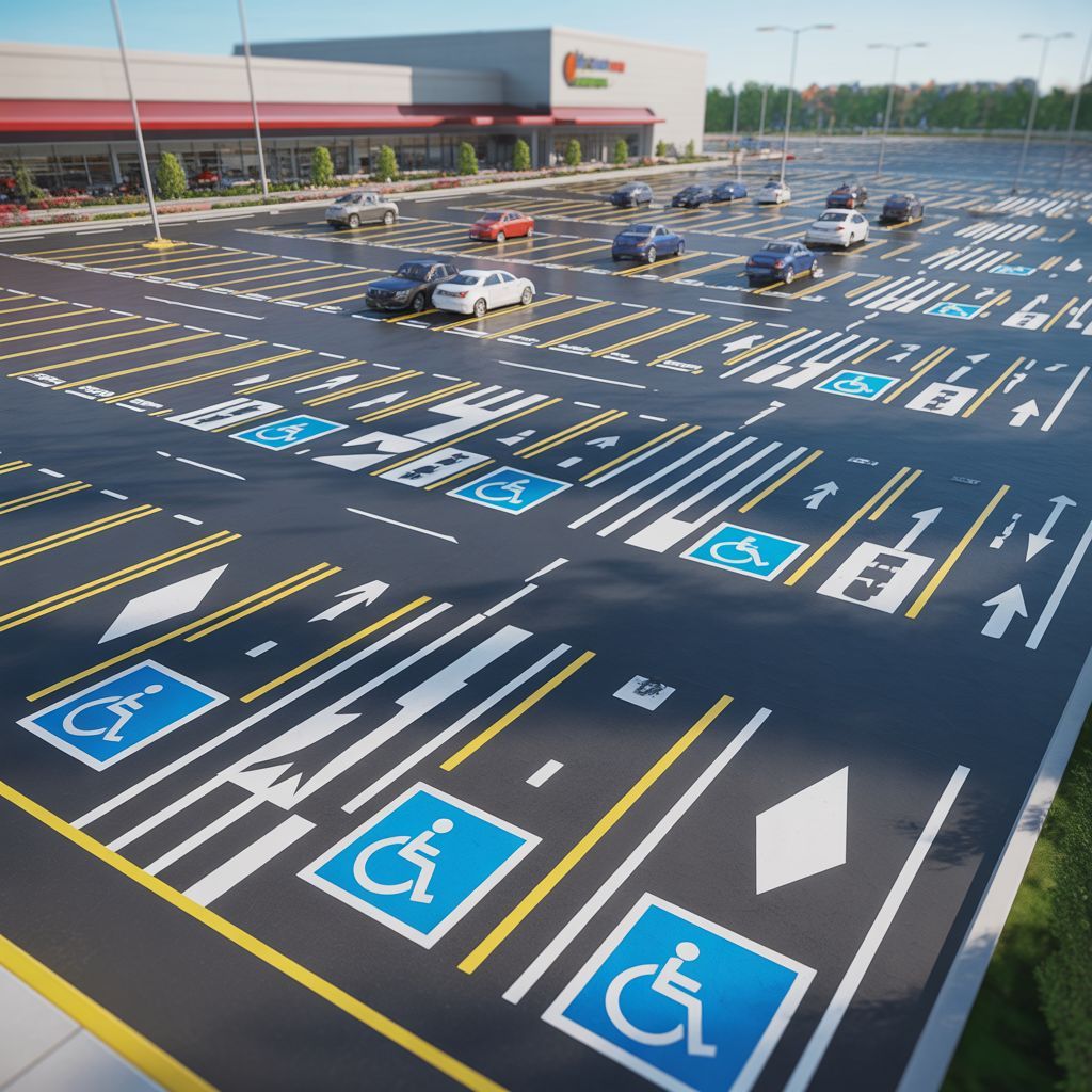 Freshly striped commercial parking lot with clear traffic flow arrows and ADA-compliant 