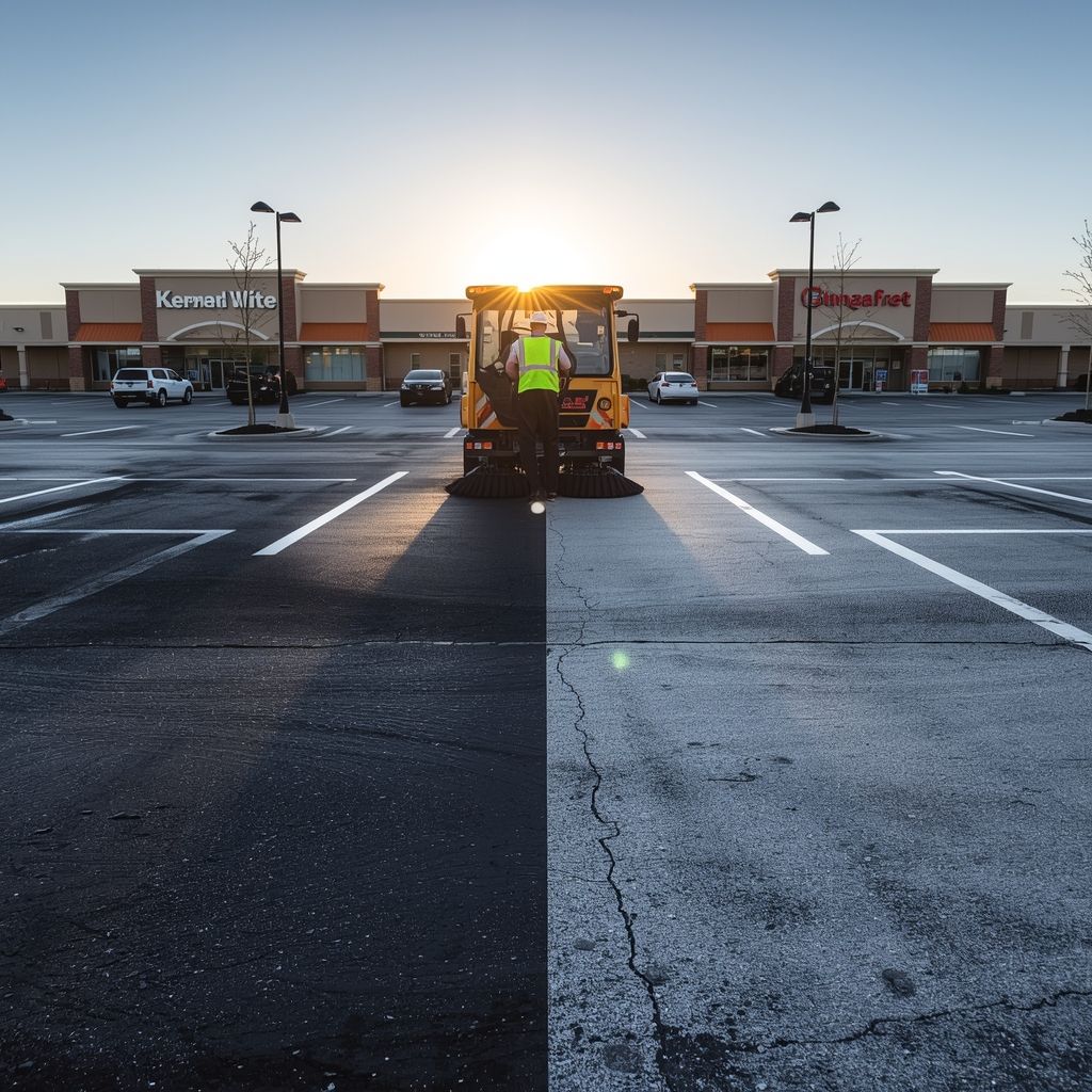 Commercial parking lot sweeper cleaning debris at sunrise in a South Carolina retail plaza
